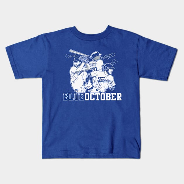 Freddie Freeman Mookie Betts & Clayton Kershaw Blue October Kids T-Shirt by KraemerShop